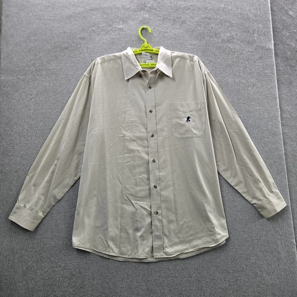 Disneyland Resort Men Button Up Shirt XXL Beige Embroidered Mickey Mouse READ